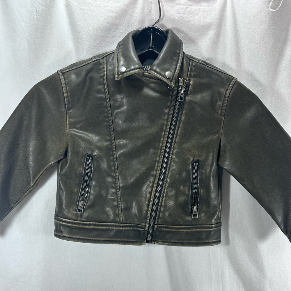 Zara Dark Brown Faux Leather Biker Bomber Jacket for Kids